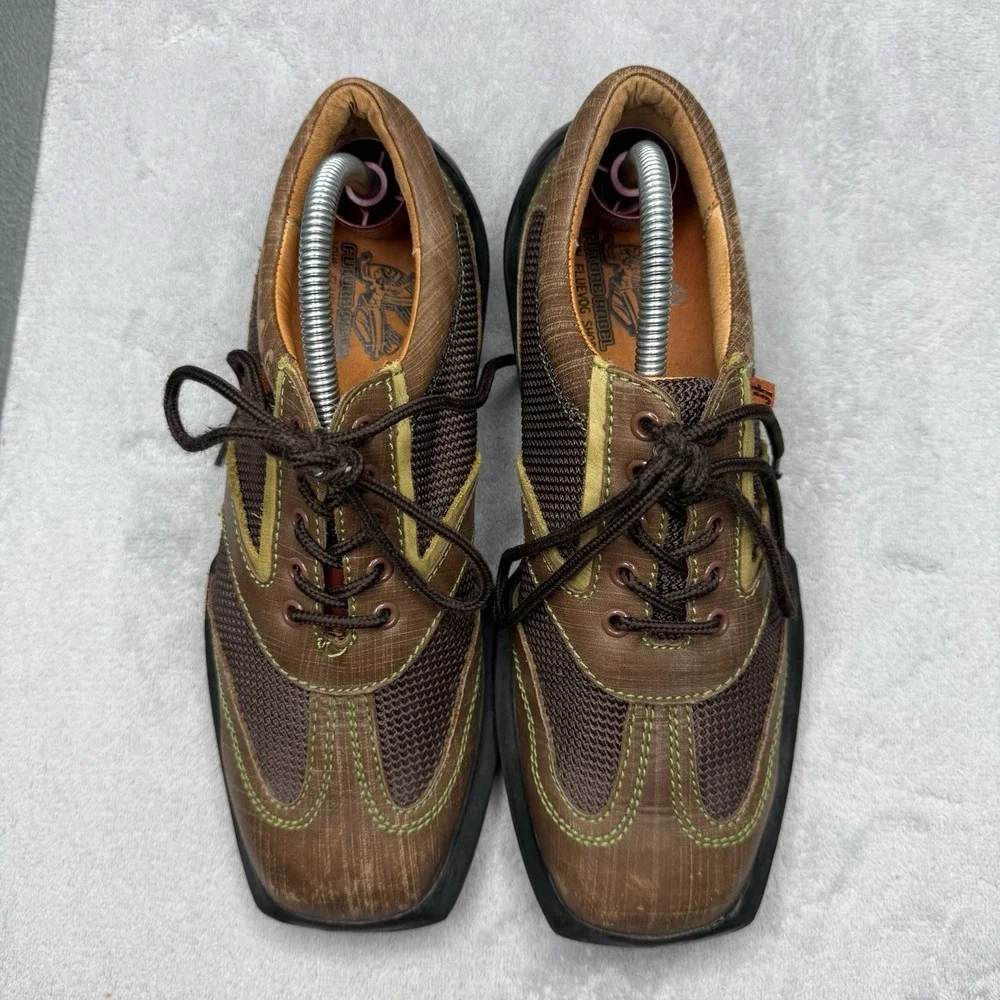 VTG John Fluevog The Angel Brown Mesh Leather Sneakers Square Toe Mens 8 Flawed